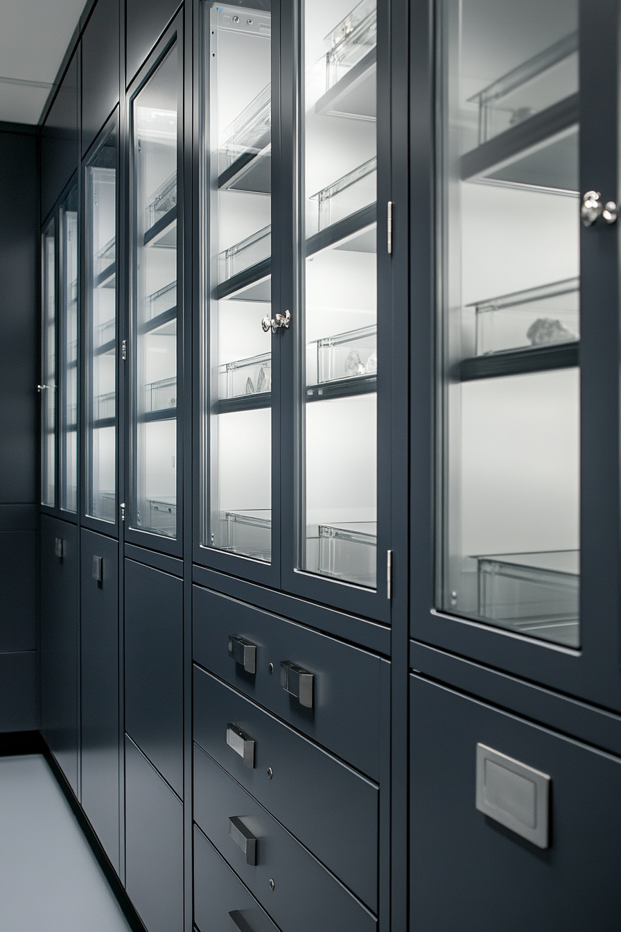 Mobile Research Space. graphite-gray, glass-panelled specimen storage cabinet.