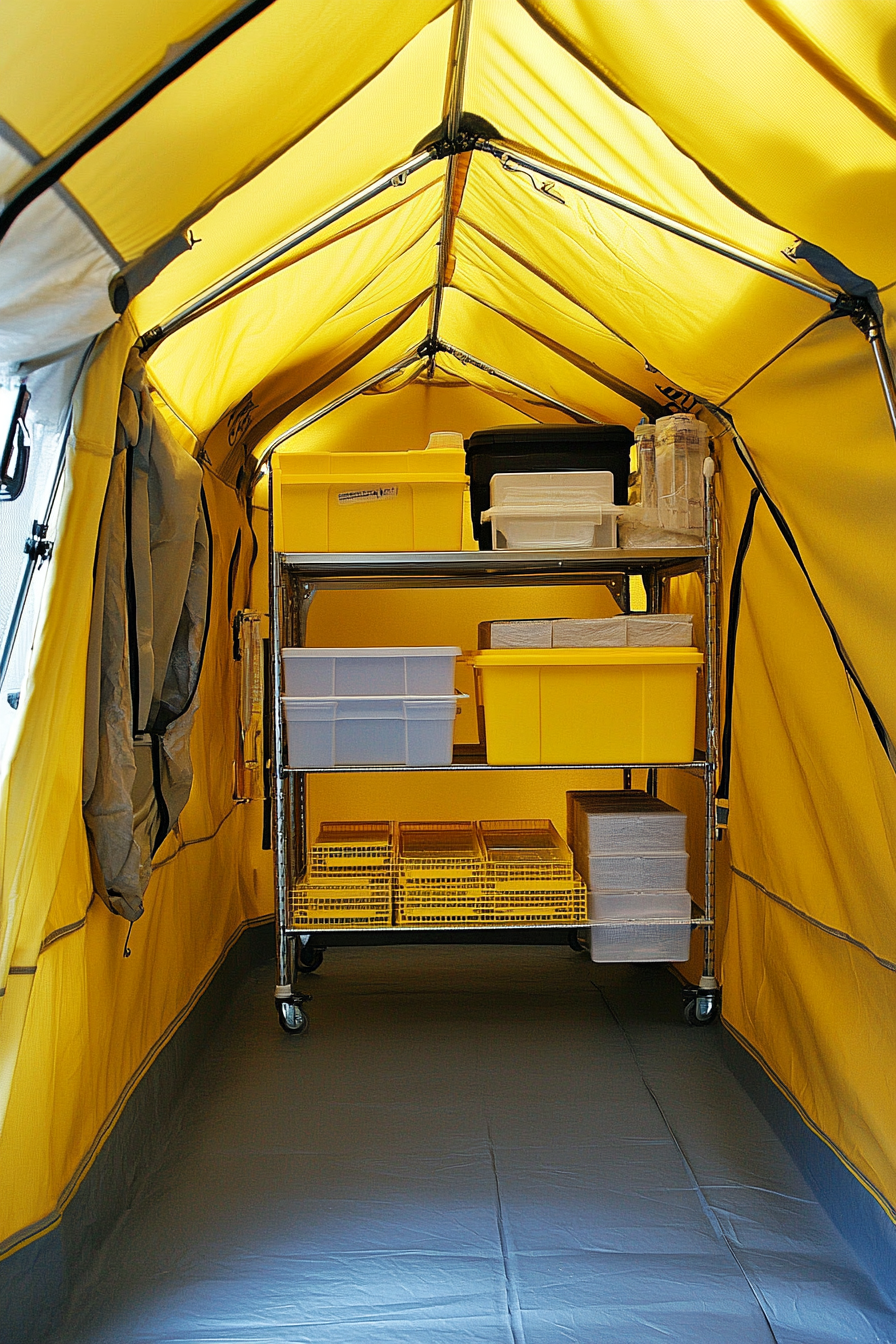 Mobile research space. Yellow pitching tent with inside modular shelves for specimen storage.