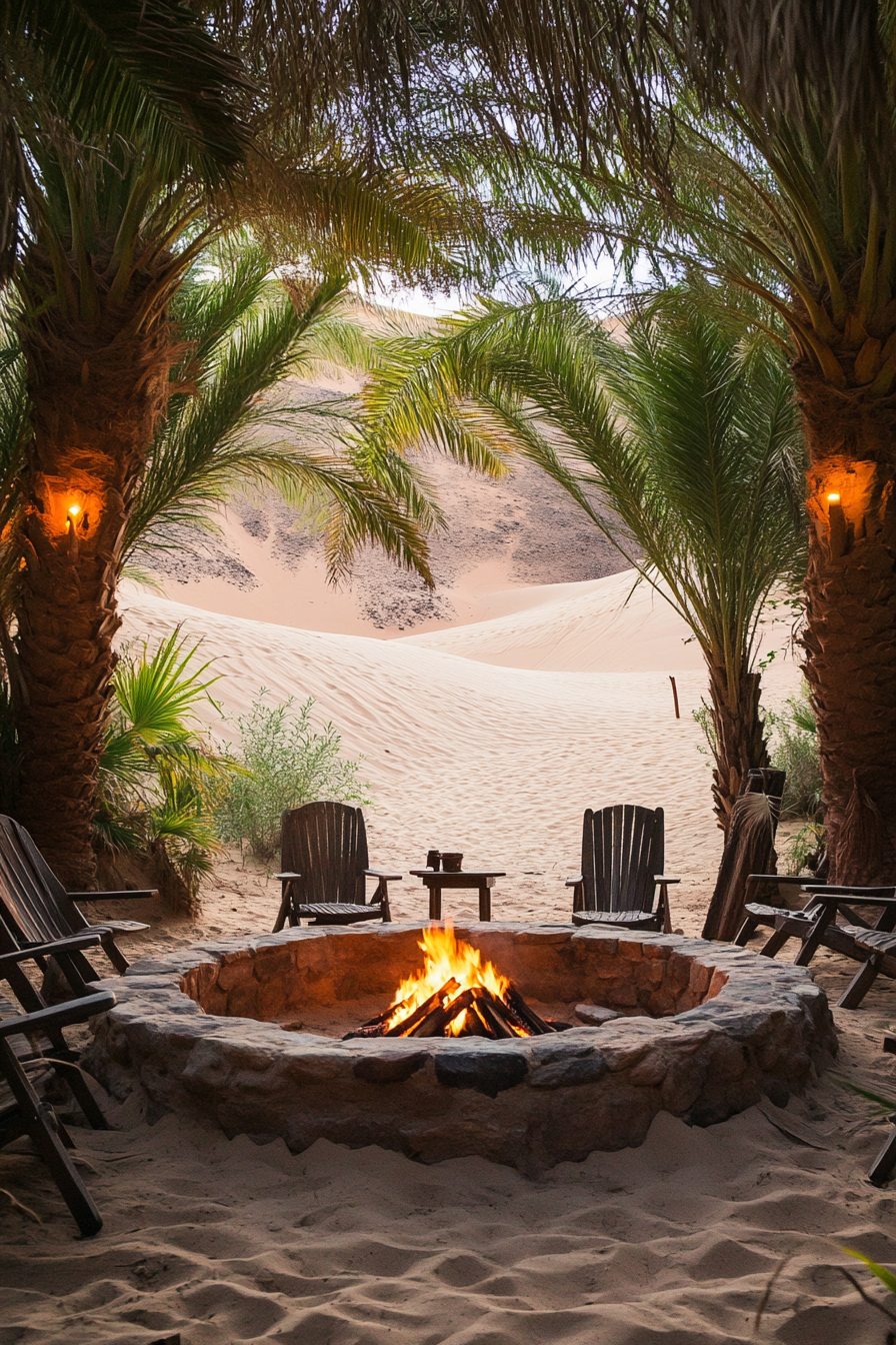 Palm Grove Space. Traditional fire pit, spring water nearby, view of sand dunes.