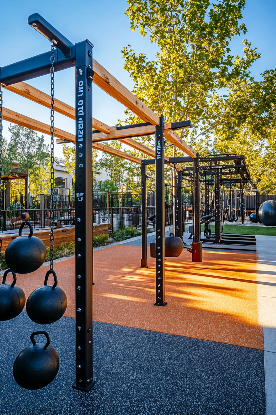 Fitness Community Space. Outdoor gym with kettlebells and pull-up bars.