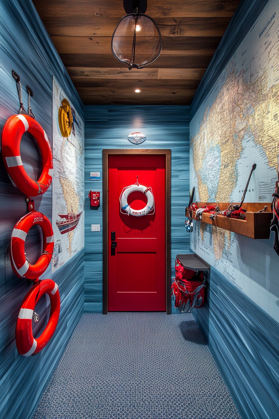 Water adventure space. Wall-mounted gear racks, nautical map wallpaper, red first aid station.