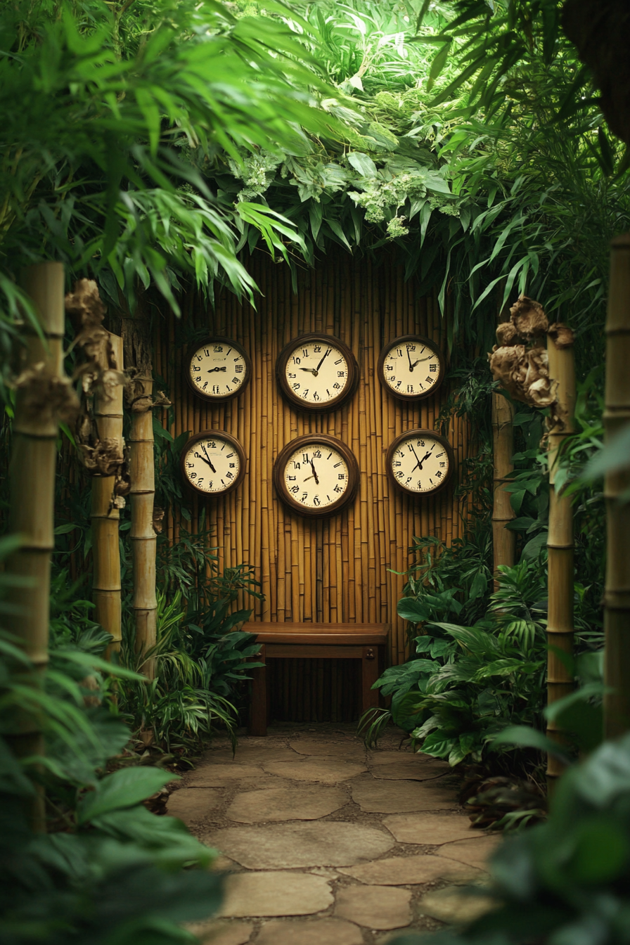 Wellness escape space. Bamboo forest meditation nook with analogue clocks and ambient bird sounds.