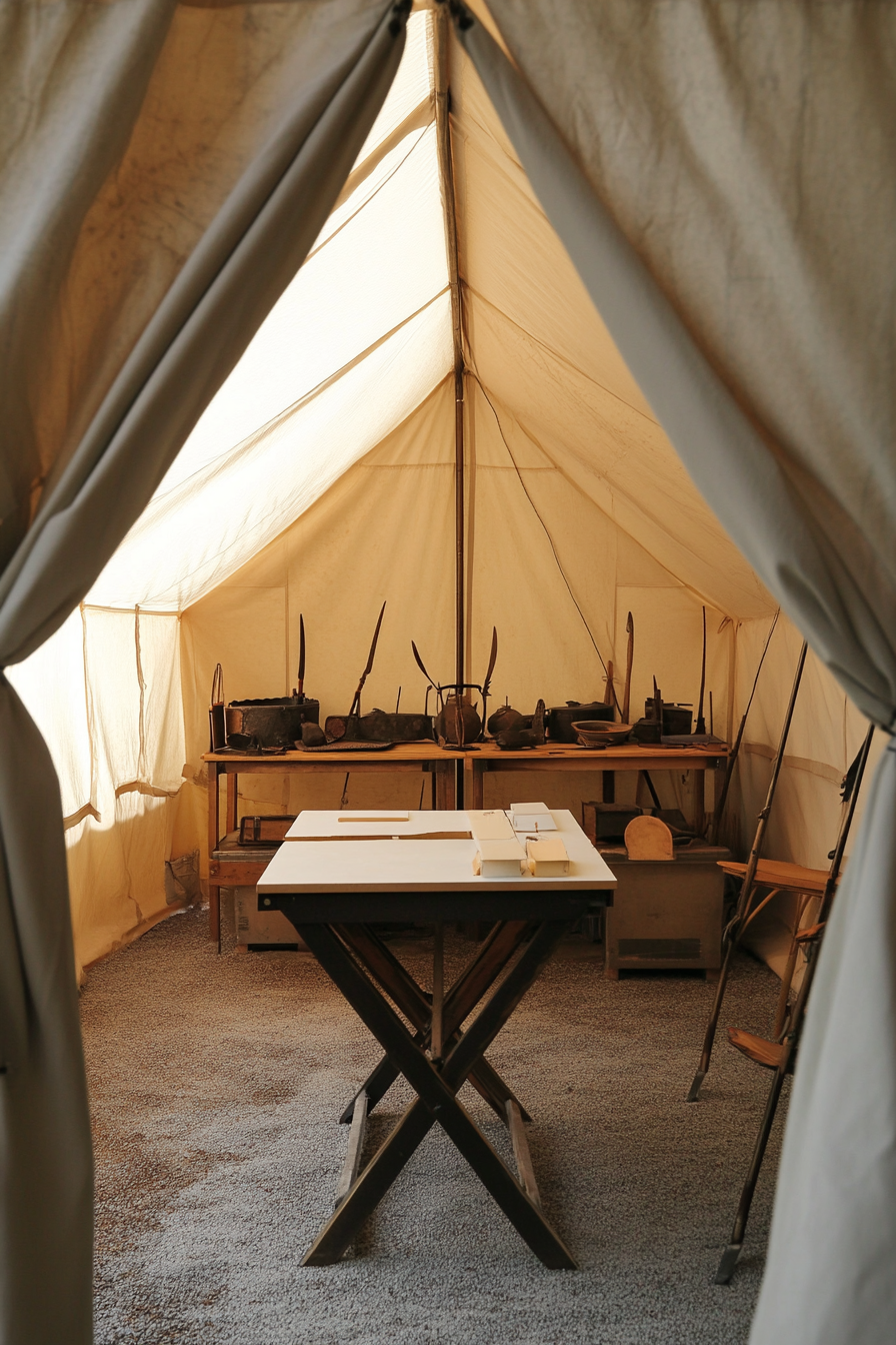 Research Mobile Space. Frame tent with tables for artifact storage and documentation station.