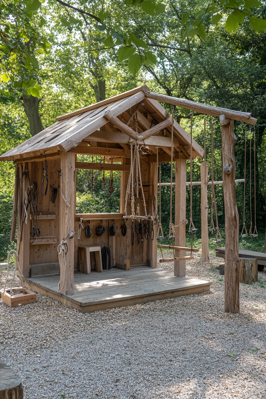 Outdoor Education Space. Skills Station with traditional knot-tying apparatus, Parkside.