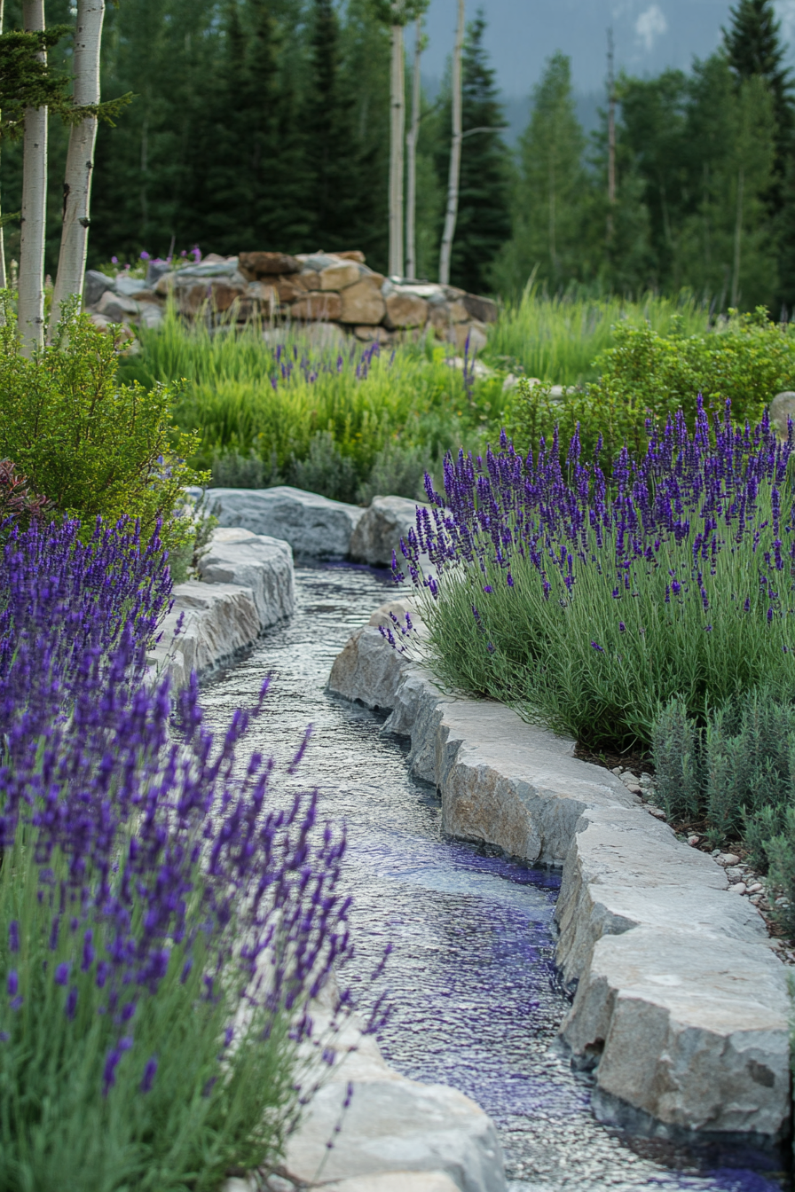 Mountain wellness space. A tranquil glacial stream flowing through lavender-filled healing gardens.