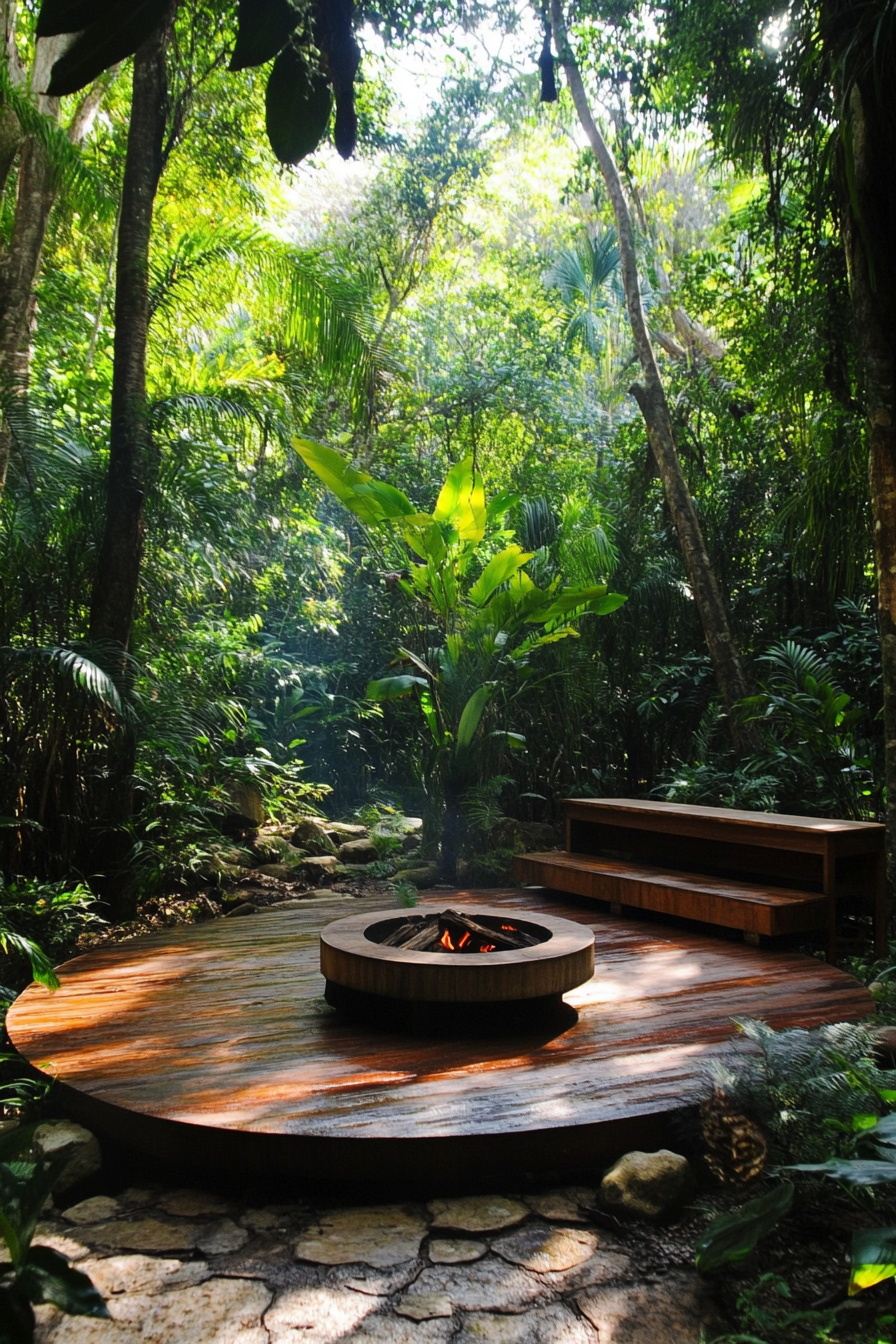 Jungle clearing. Raised wooden platform, centrally positioned fire pit, exotic bird perch.