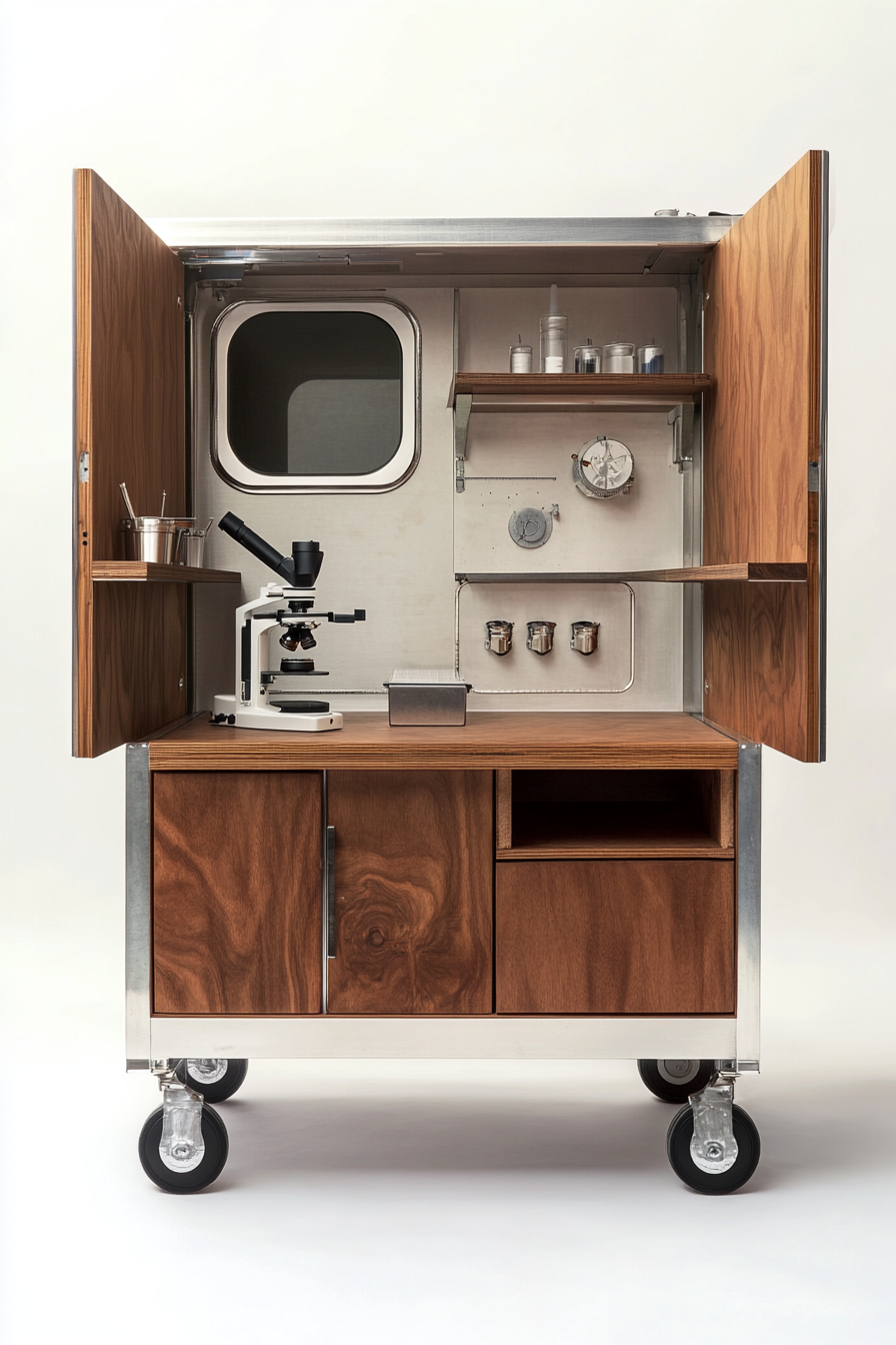 Mobile research space. Self-contained lab with sterilized microscope pod, metallic specimen holders, foldable walnut field desk.