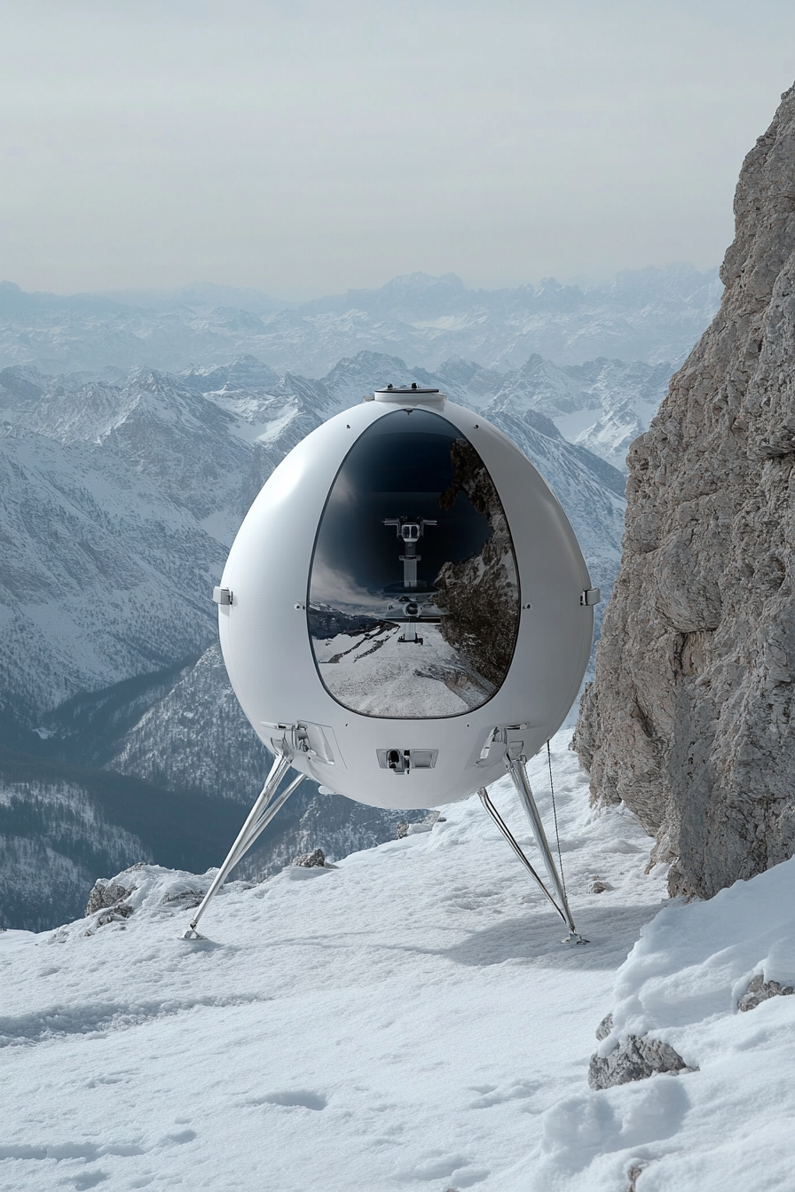 Alpine mobile space. Gear-loaded crystal white conical pod with spherical drone station.