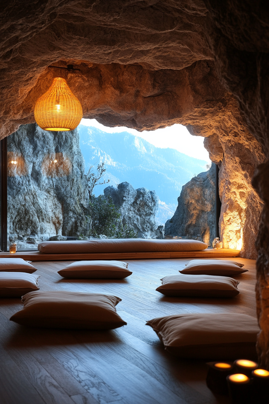 Wellness space. Tranquil mountain view meditation cave with soft, dim lighting.