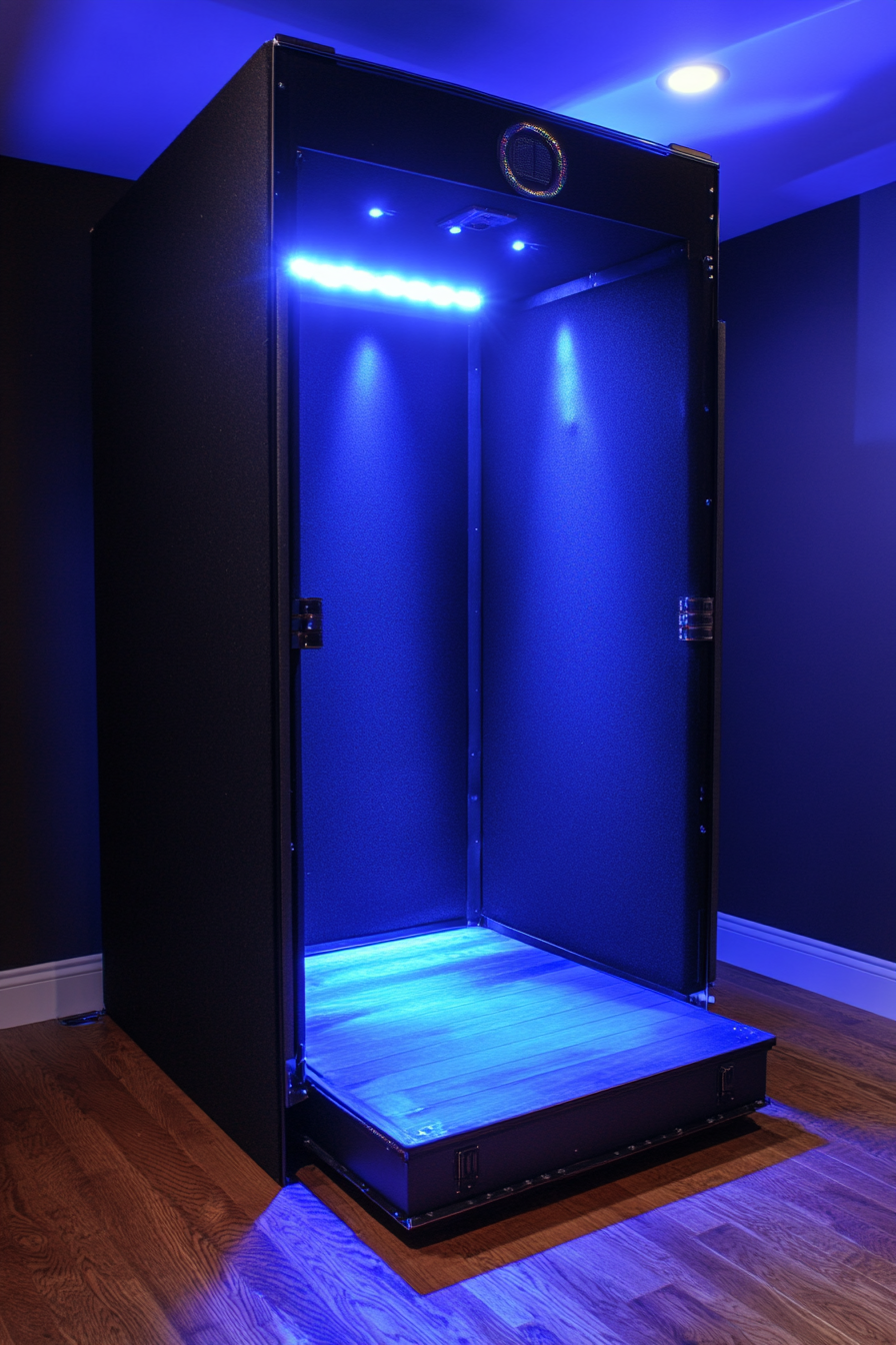 Mobile recording space. Black sound booth with blue LED lights.