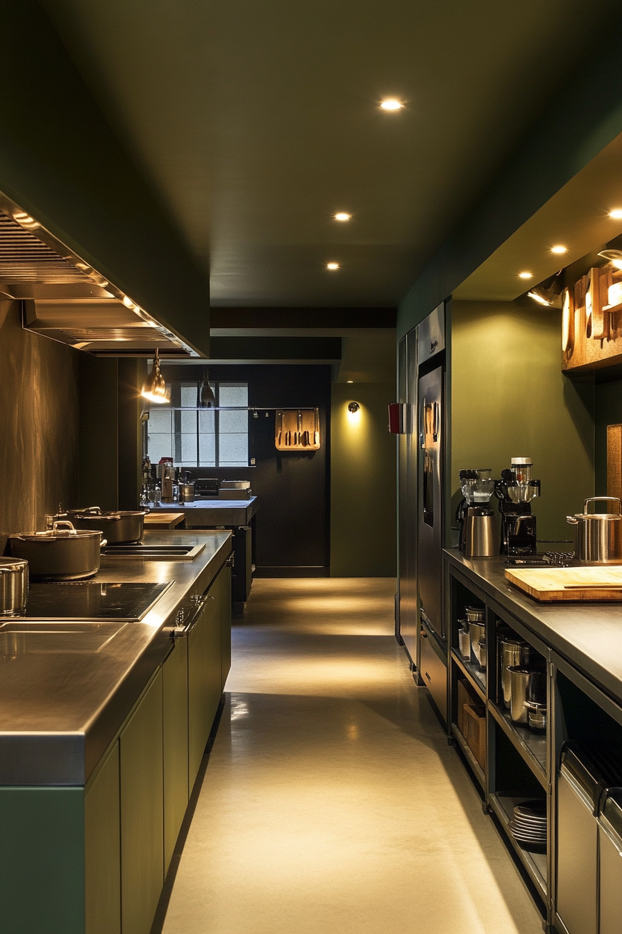Social cooking space. Olive green prep stations under simplistic recessed lighting.