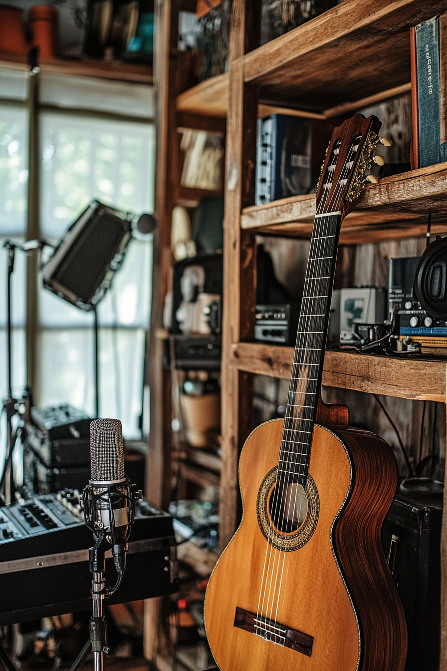 Mobile studio space. Classical guitar on mahogany shelves, beach-side live mics setup.