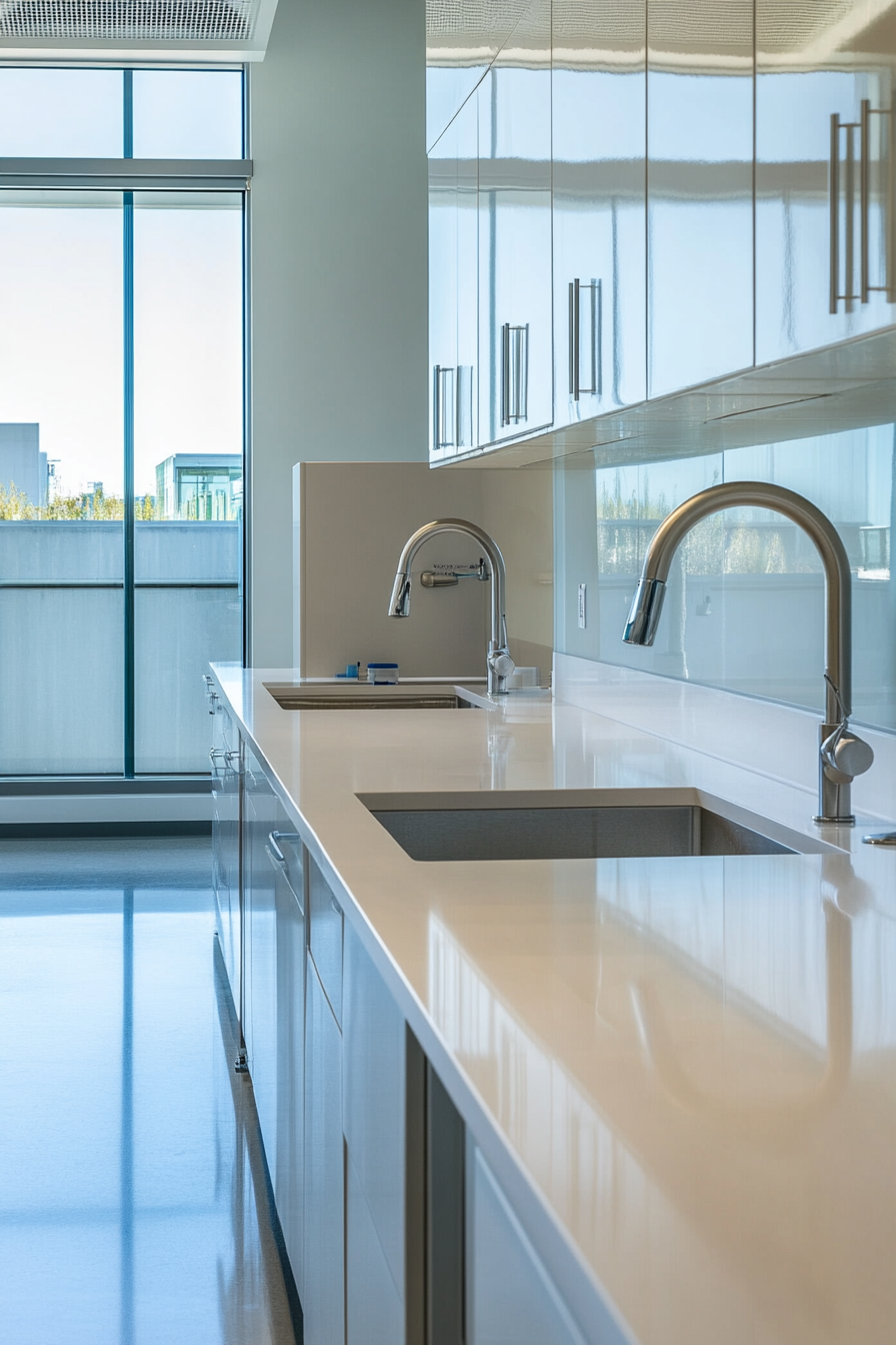 Coastal research space. Wet laboratory with pearl white countertops and stainless steel faucets.