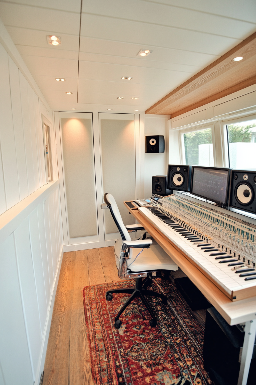 Mobile studio space. White paneled recording booth with oak mixing station.