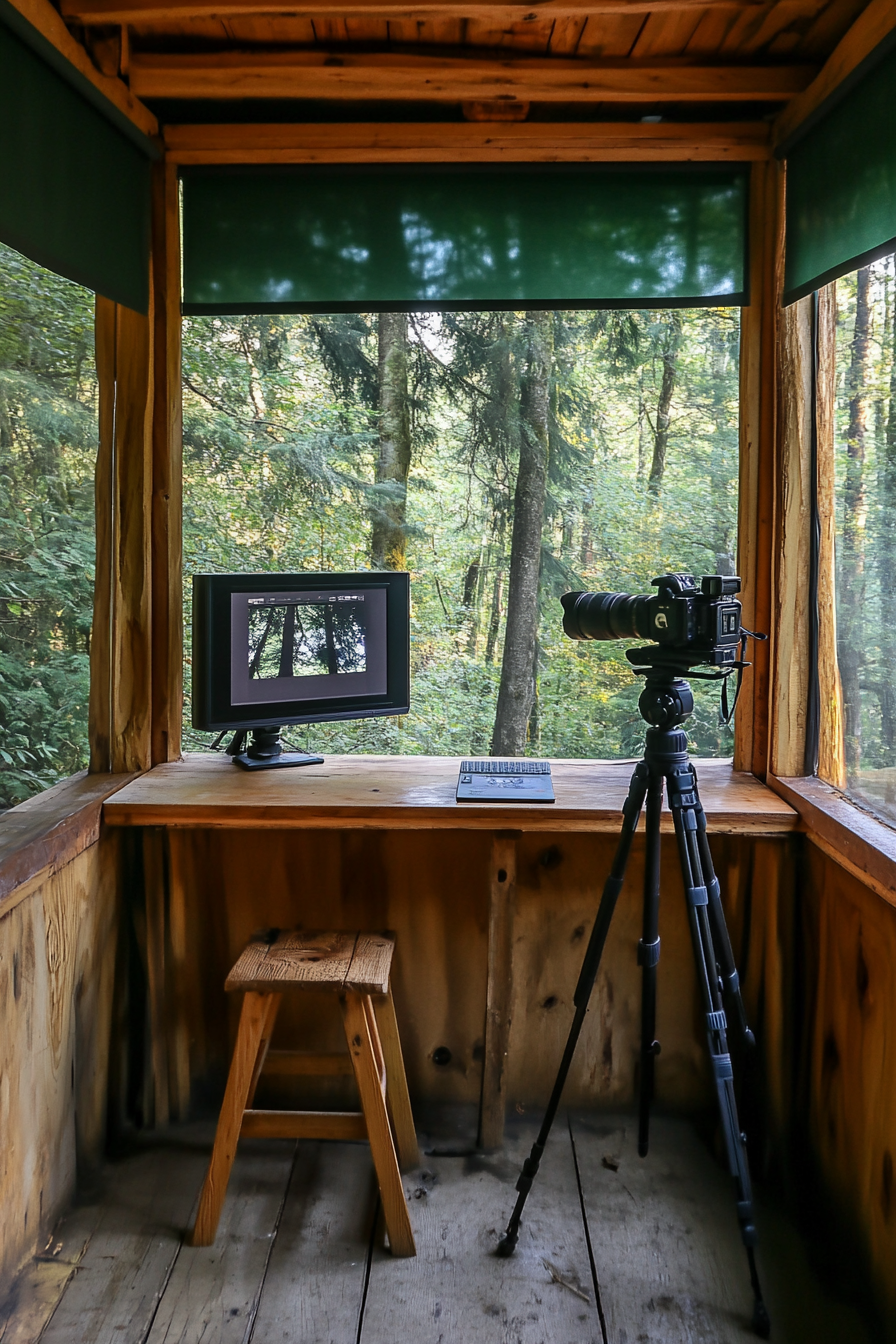 Nature Observation Space. Forest green blind, tripod-mounted camera, wooden editing desk.