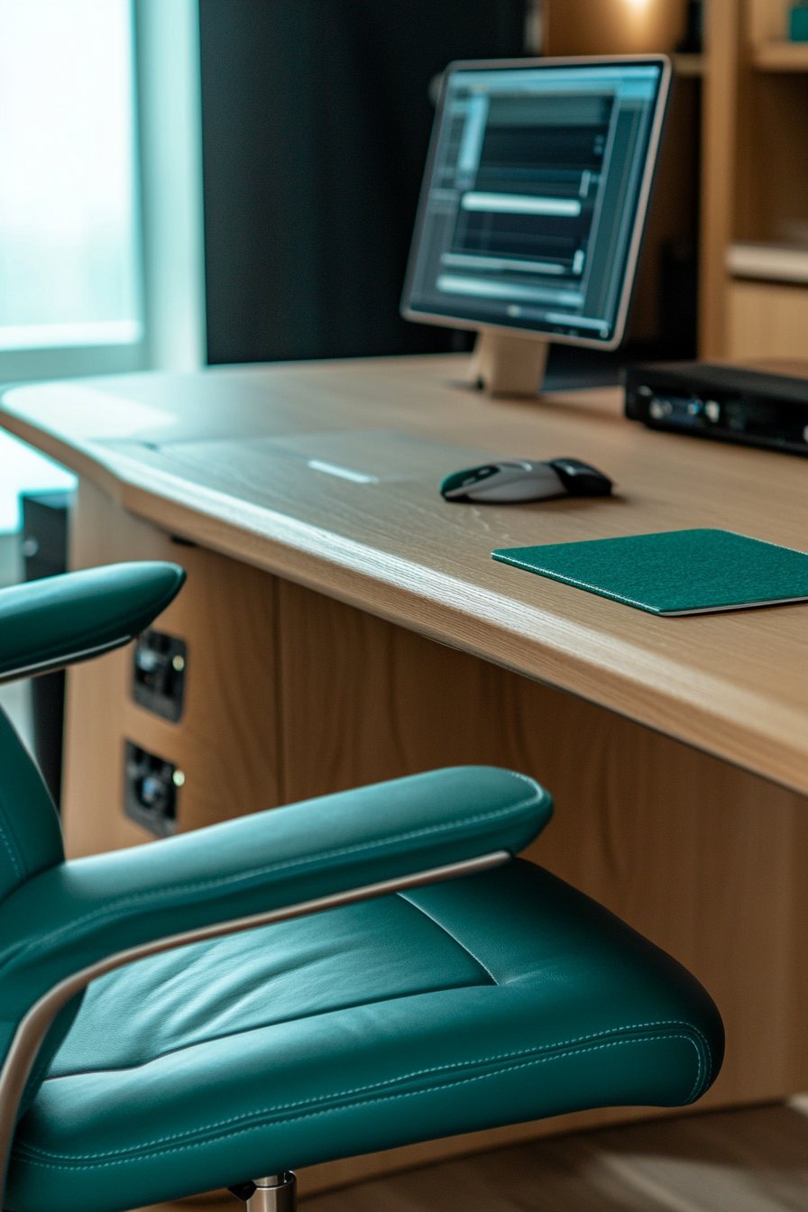 Creative mobile space. Oak desk with edit stage apparatus and teal leather office chair.
