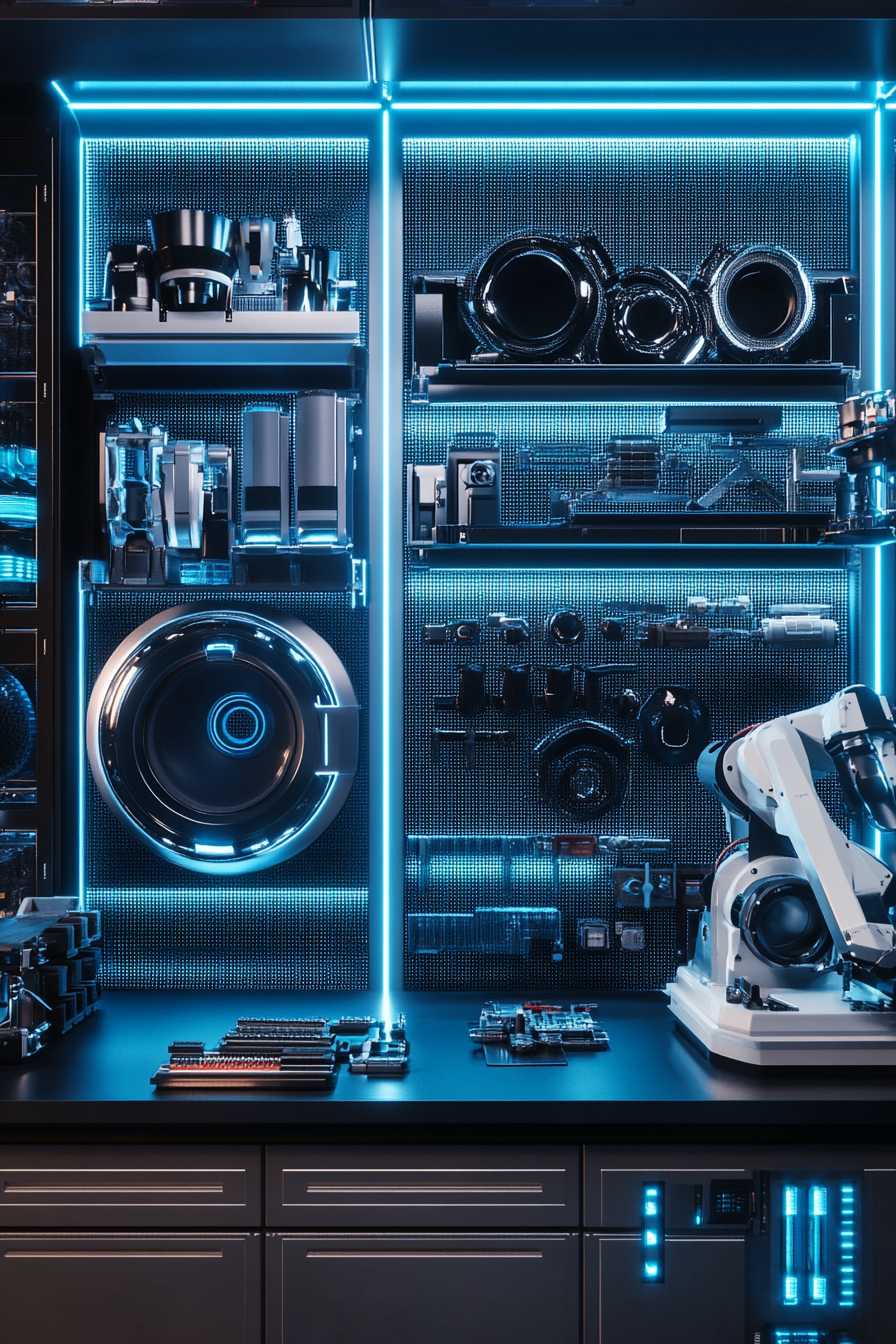 Technical support space. Robotic arms organized on graphene wall, industrial washer and spare-parts shelf.