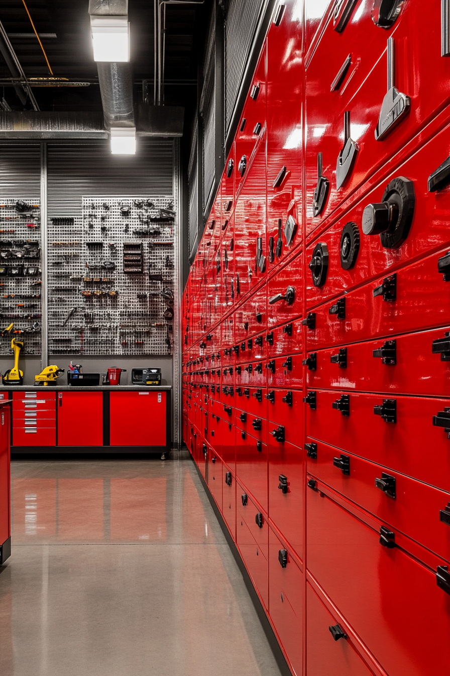 Technical Support Space. Red tool walls, metal wash station, stacked parts inventory.