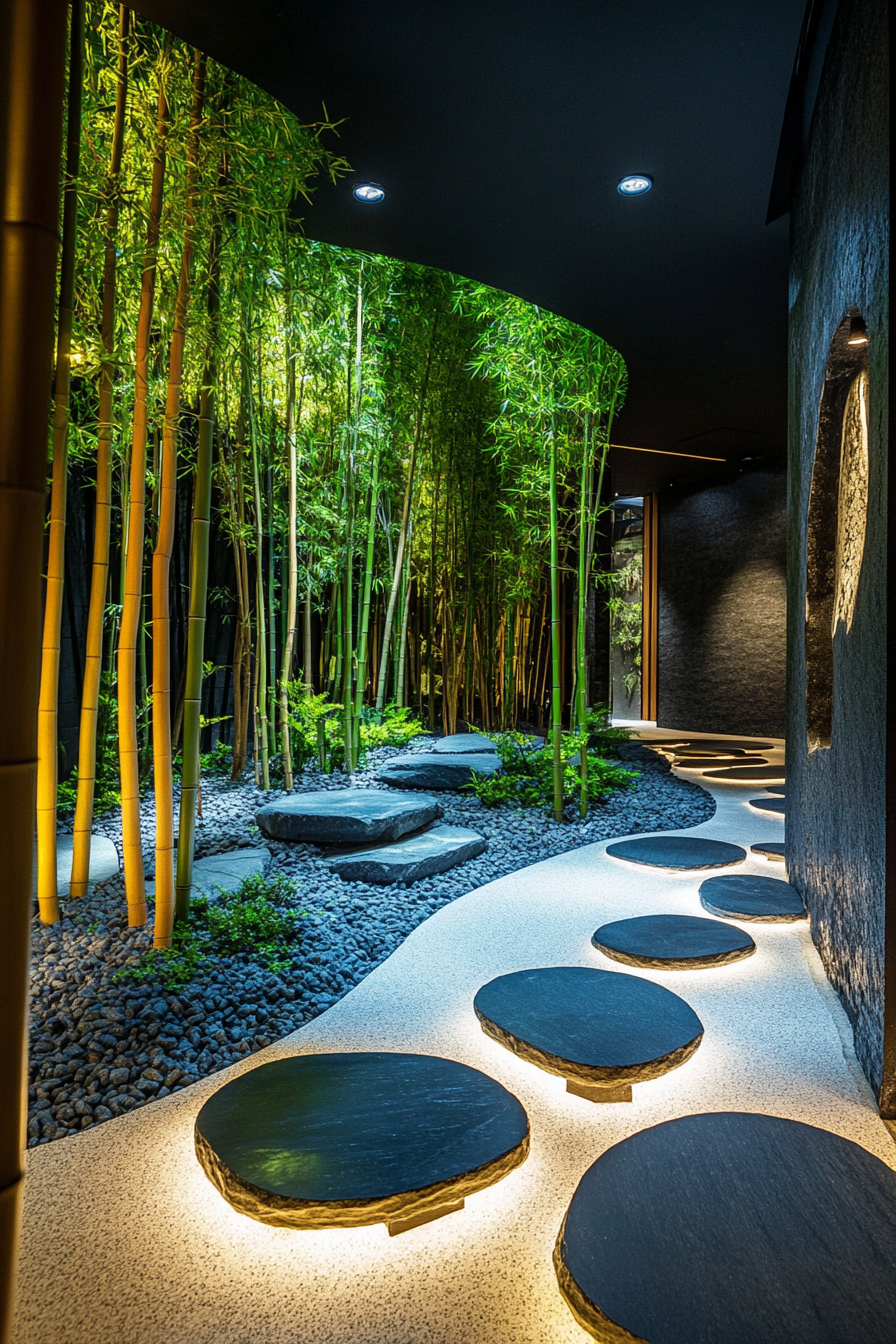 Wellness escape space. Bamboo forest Zen garden with ambient sound installation.