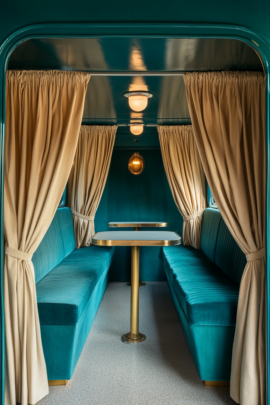 Therapy van space. Teal booth seating with beige velvet curtains and sound barrier roofing.