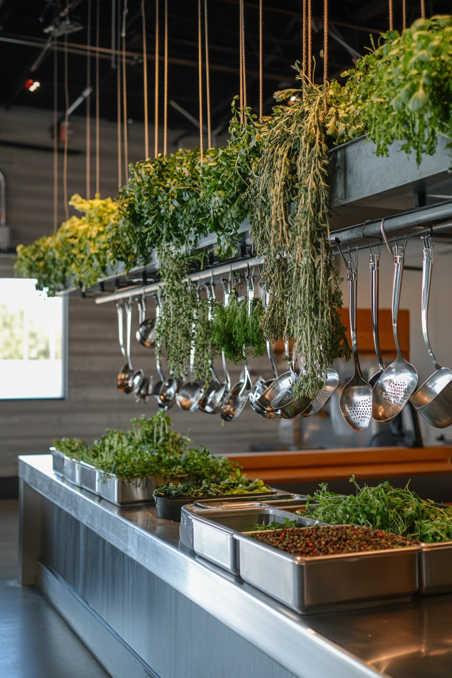 Community cooking space. Hanging herb walls aperture with stainless-steel bulk storage bins.