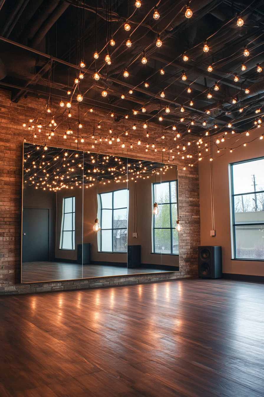 Movement Practice Space. Large mirror wall, Edison bulb string lights, matte black sound system.