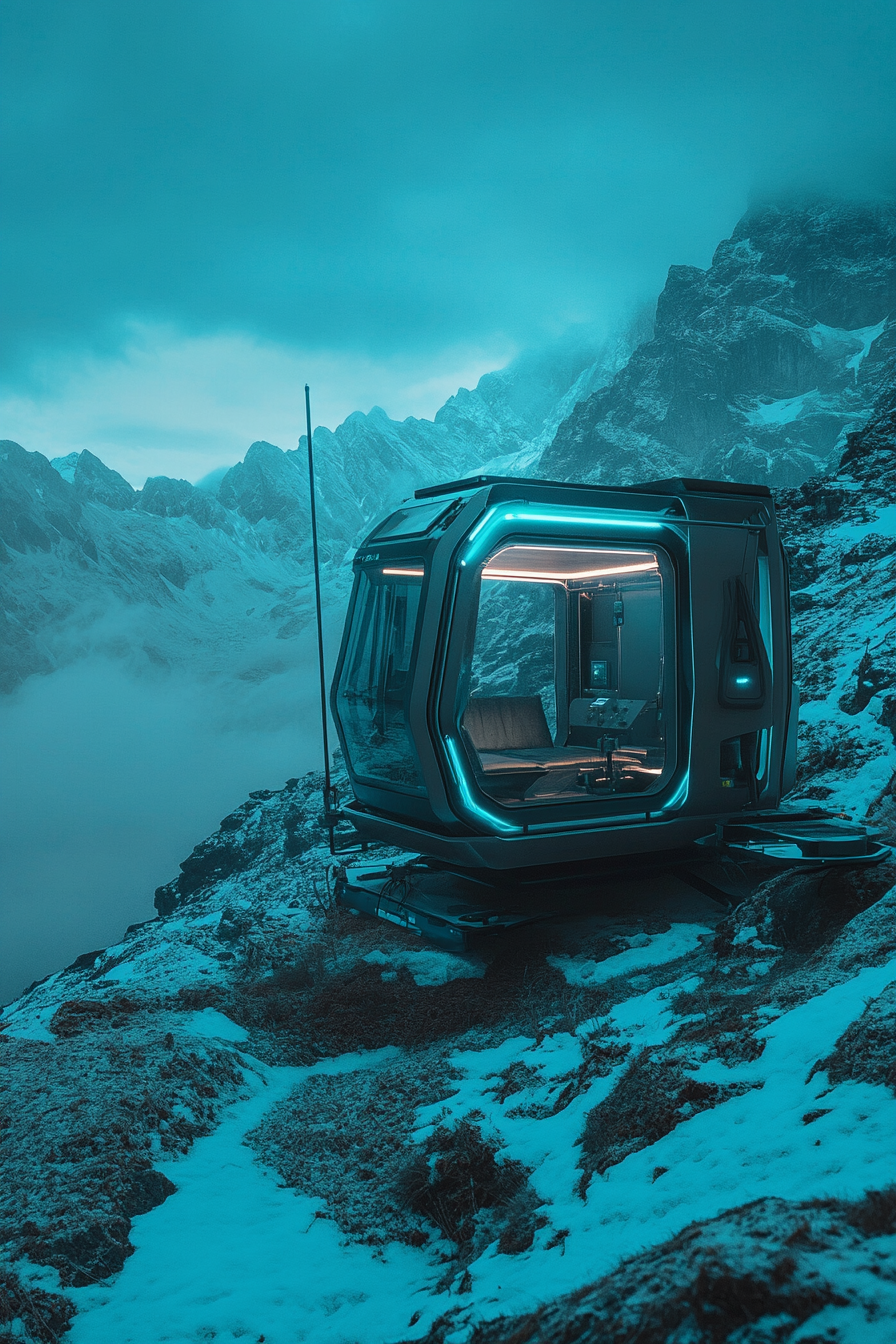 Alpine mobile space. Cinematic drone station with immersive collapsible editing suite illuminated in soft blue.