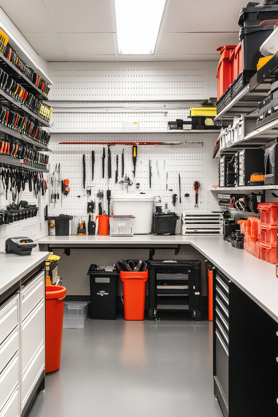 Technical support space. Steel tool walls, white wash station, organized parts inventory.