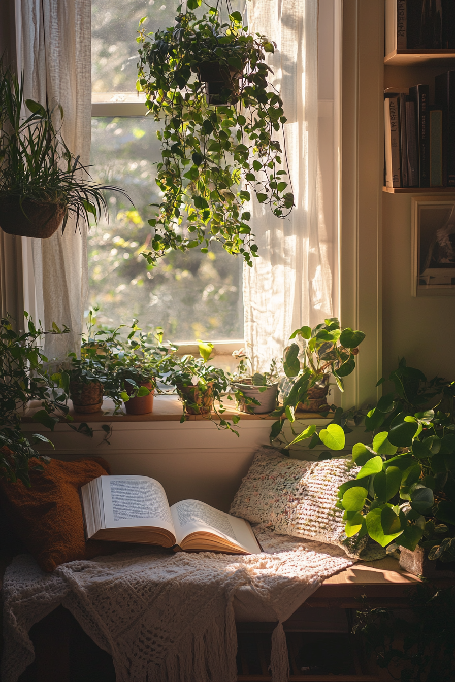 Wellness escape space. A sunlit reading nook with hanging plants and an ambient sound machine.