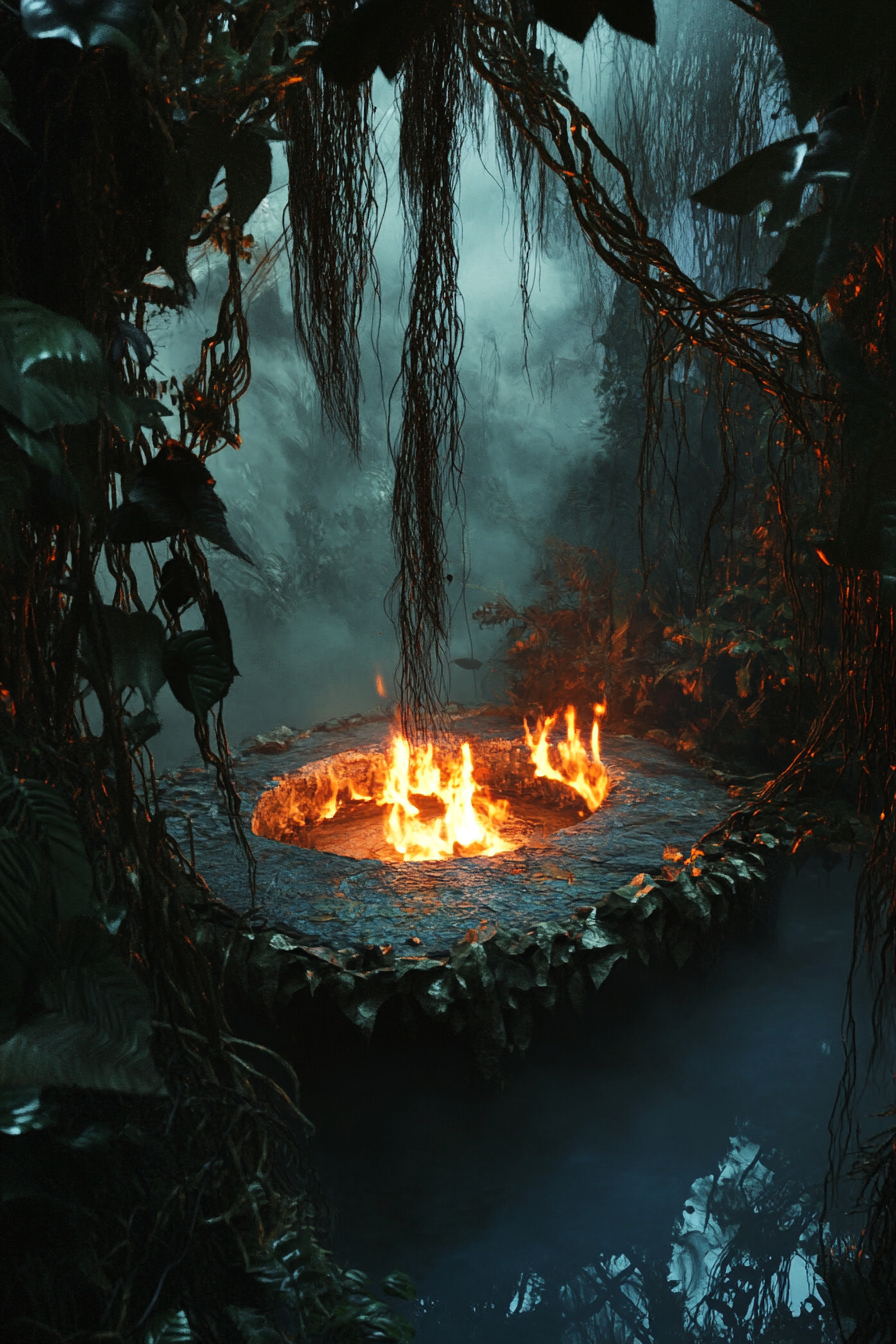 Jungle clearing. Elevated platform surrounded by tarzan vines, overlooks active flame-lit pit.