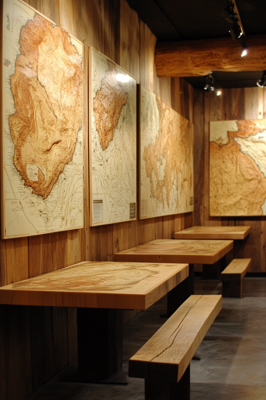 Mountain community space. Rustic wooden map room with topographic wall charts.