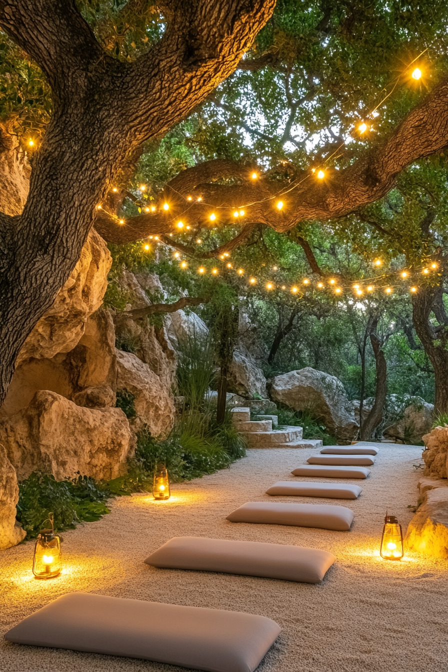 Mountain wellness space. Hanging string lights in the oak-tree lined meditation cave.