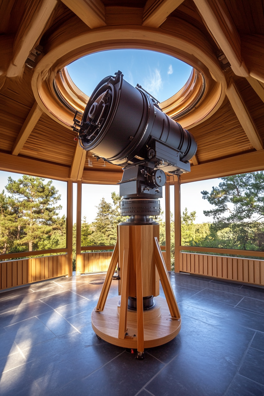Nature observation space equipped with pivotal overhead mounts for telescopes and cameras.