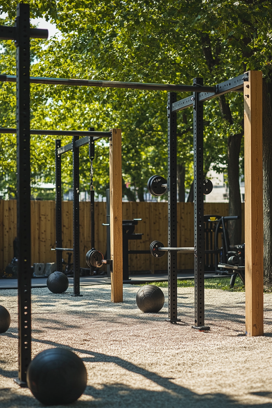 Fitness Community Space. Outdoor gym with squat racks and kettlebells.