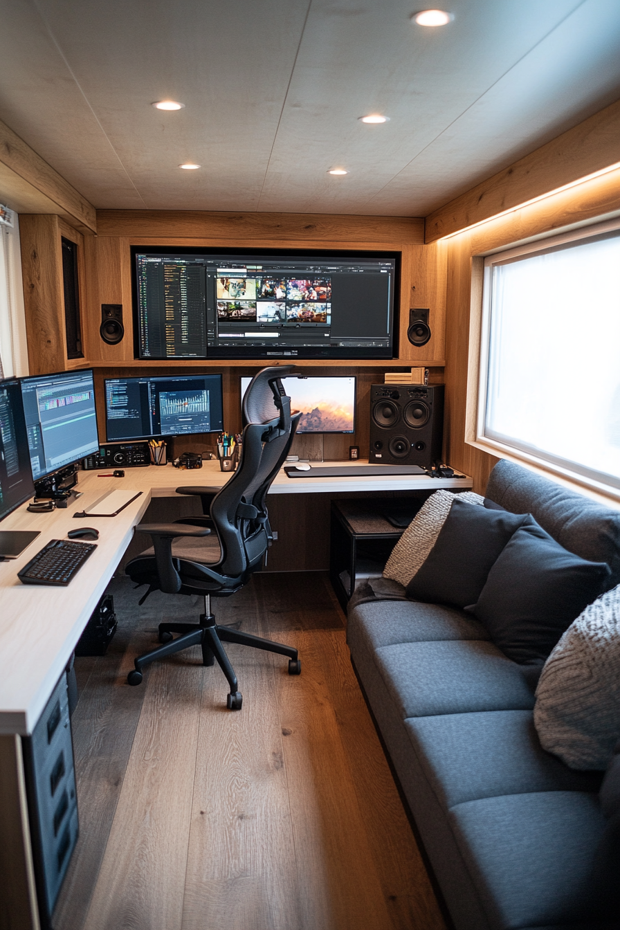 Mobile Production Space. White oak desk, dual monitors, black swivel chairs, charcoal grey sofa.