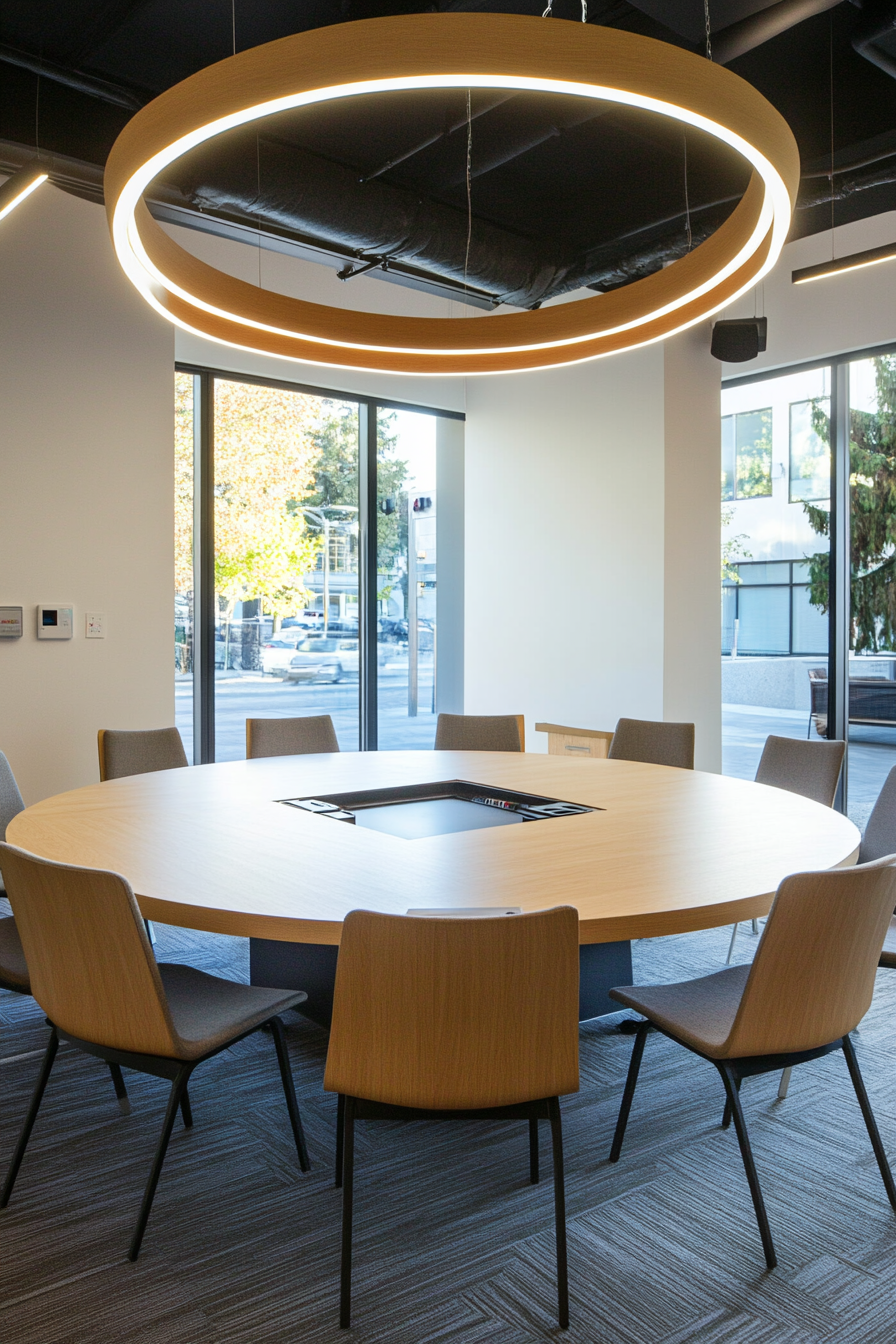 Event Support Space. Circular meeting table with wired charging stations.