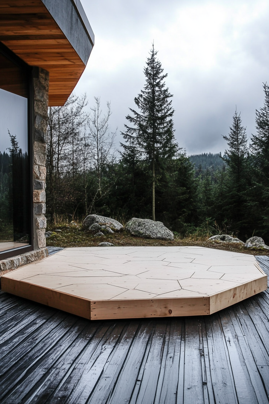 Alpine mobile space. Hexagonal drone launching pad on sand-polished, unpainted reclaimed wood deck.