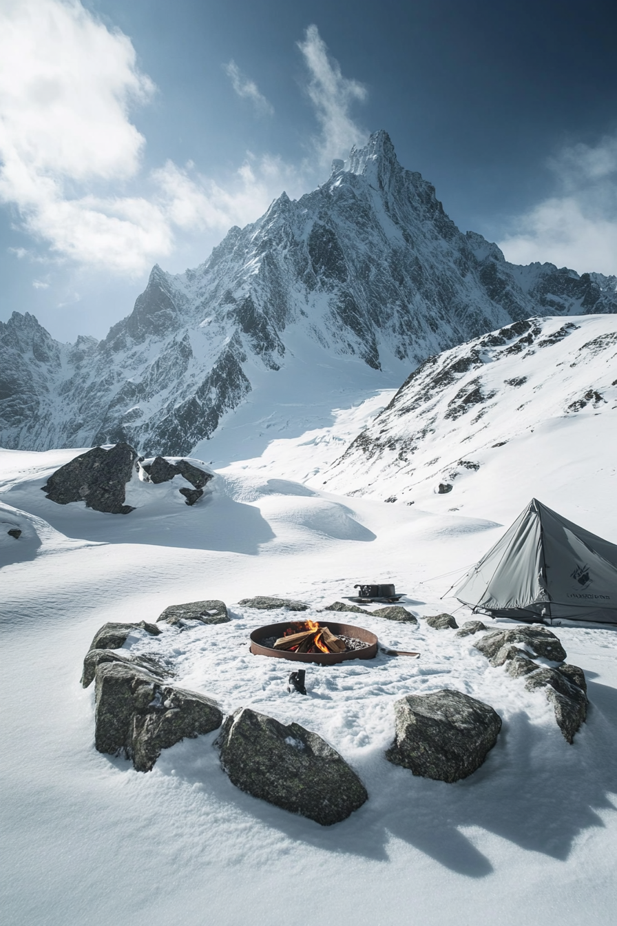 High Alpine Site. Wind-protected fire pit by snow-covered peak with aurora viewing tent position.