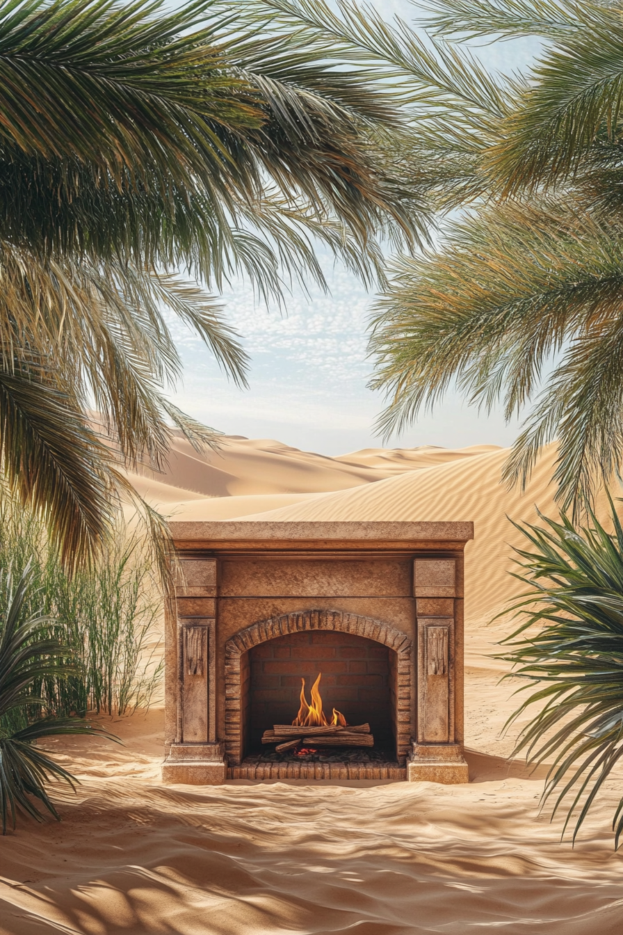 Palm Grove Space. Photorealistic olive fireplace set against desert spring and sand dunes.