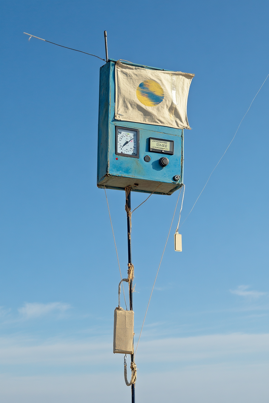 Adventure launch space. Blue weather station with beige kite repair kit.