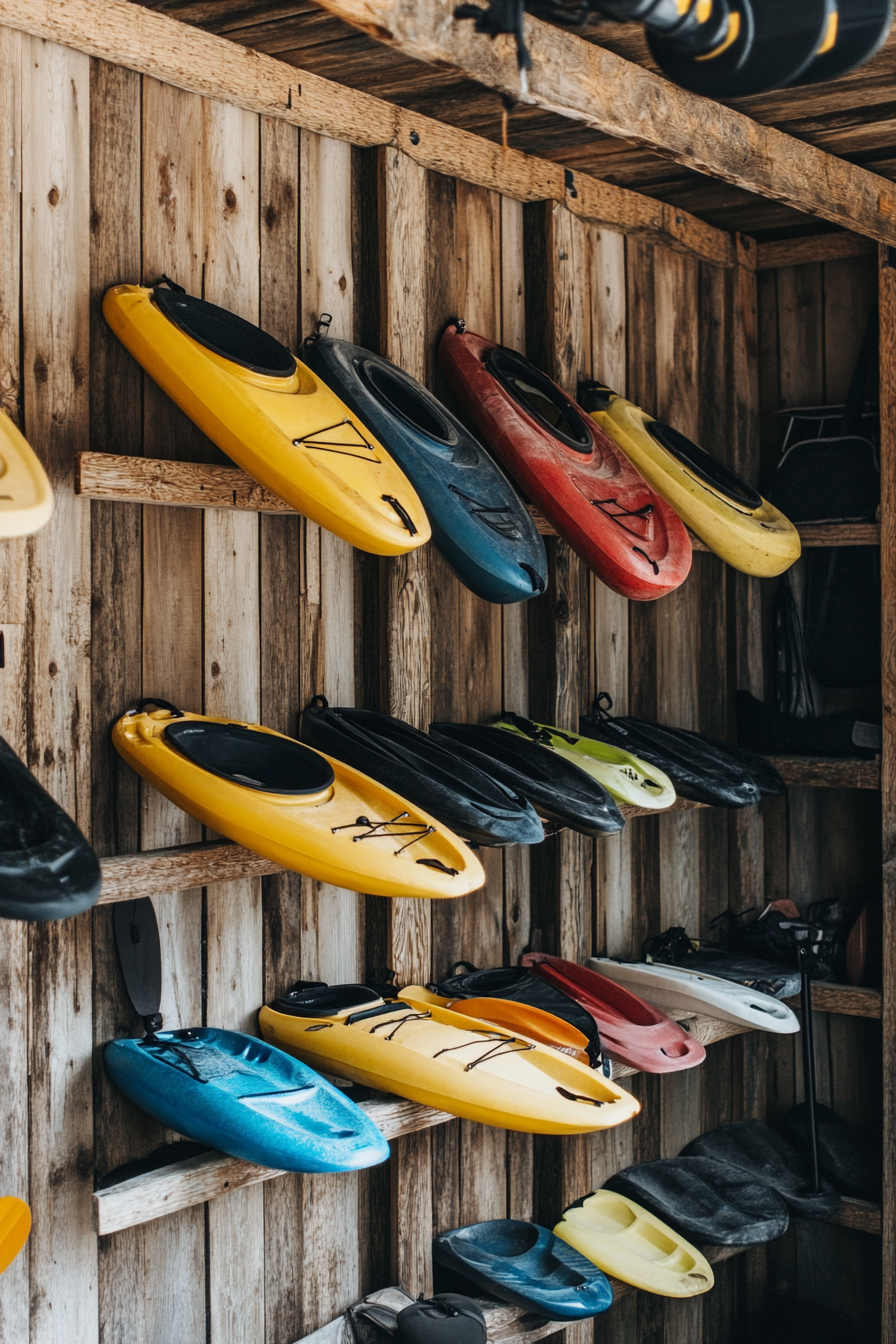 Water adventure space. Kayaking equipment hanging on wooden shelves.