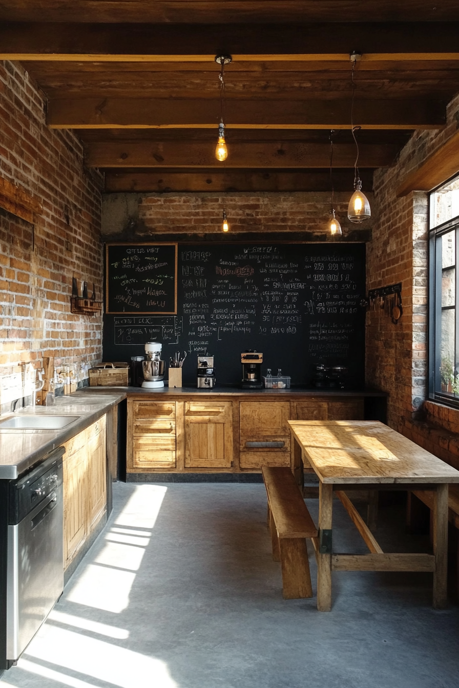Community living space. Brick-built workshop area with blackboard walls.