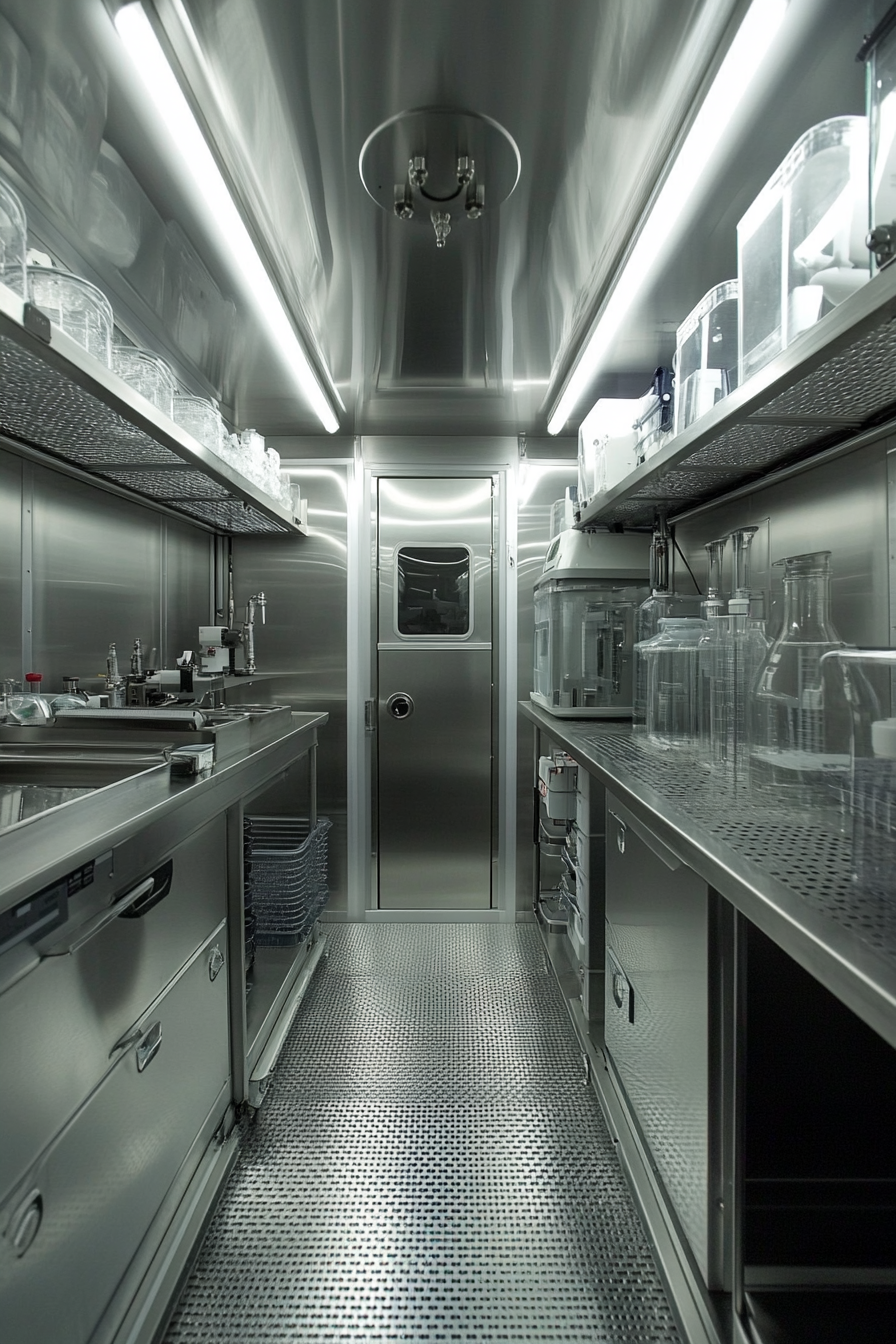 Scientific mobile space. Wet lab with stainless steel equipment and glass specimen tanks.