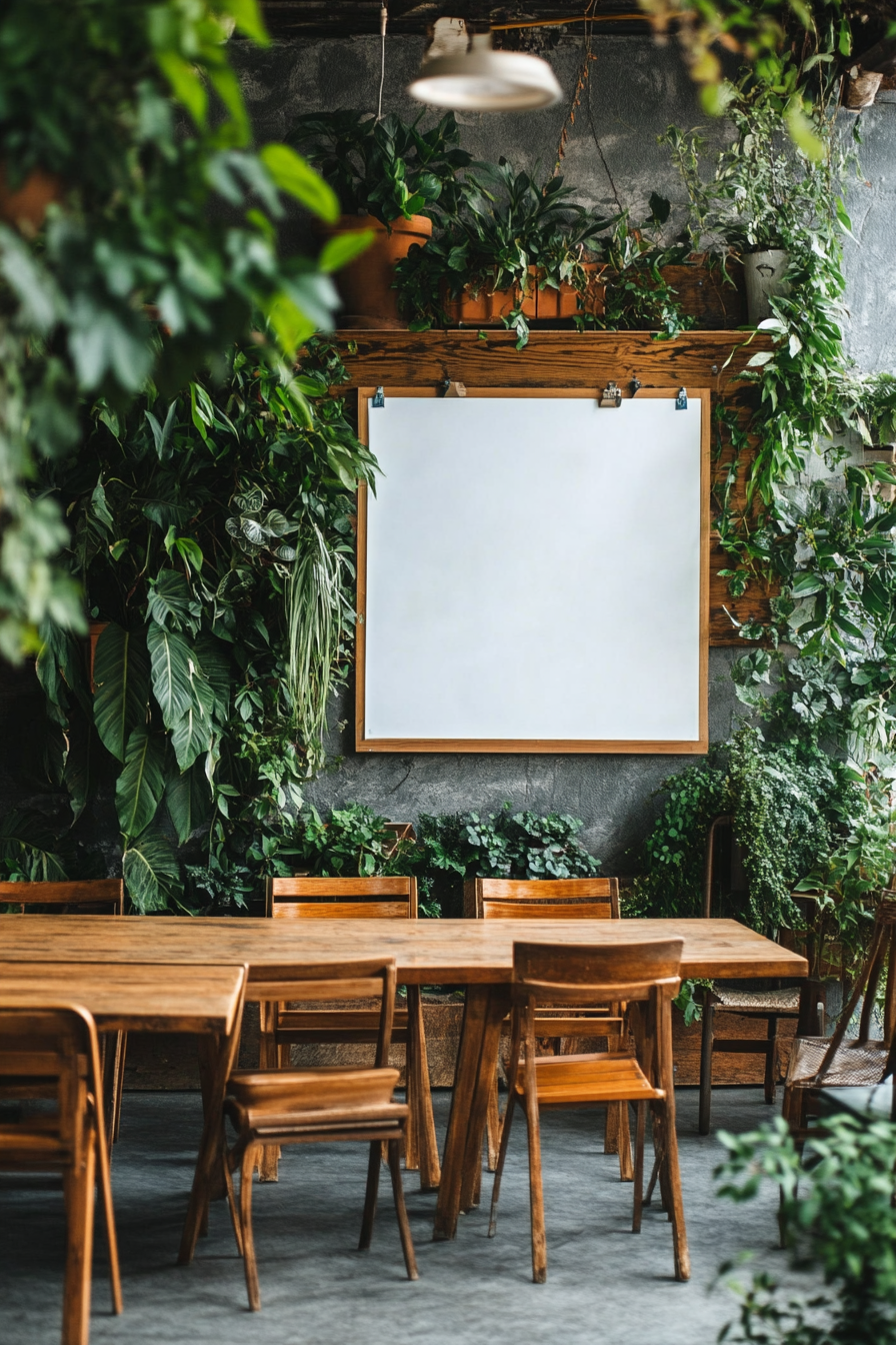 Event support space. Green plants and wooden chairs around a whiteboard community board.