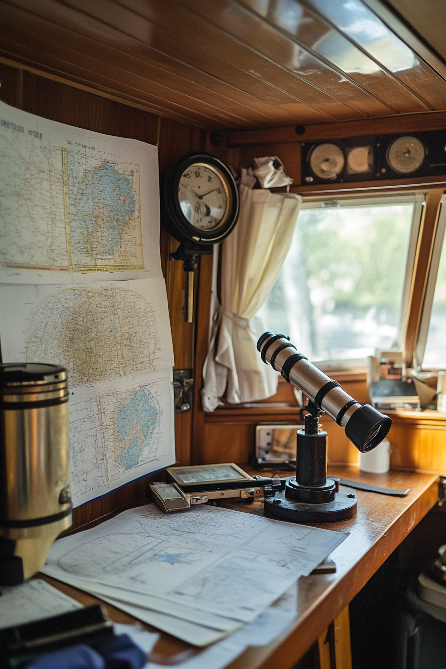 Research Mobile Space. Deck with telescope and printed star charts.