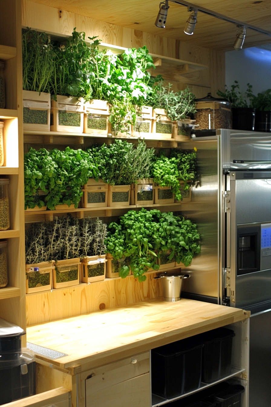 Community cooking space. Herb walls with built-in composting system and neighboring bulk storage.