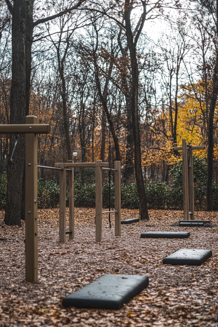 Outdoor fitness community space. Calisthenics equipment surrounded by trees.