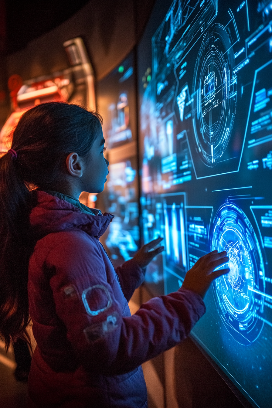 Space launch scene. Safety briefing displayed on interactive holographic screens.