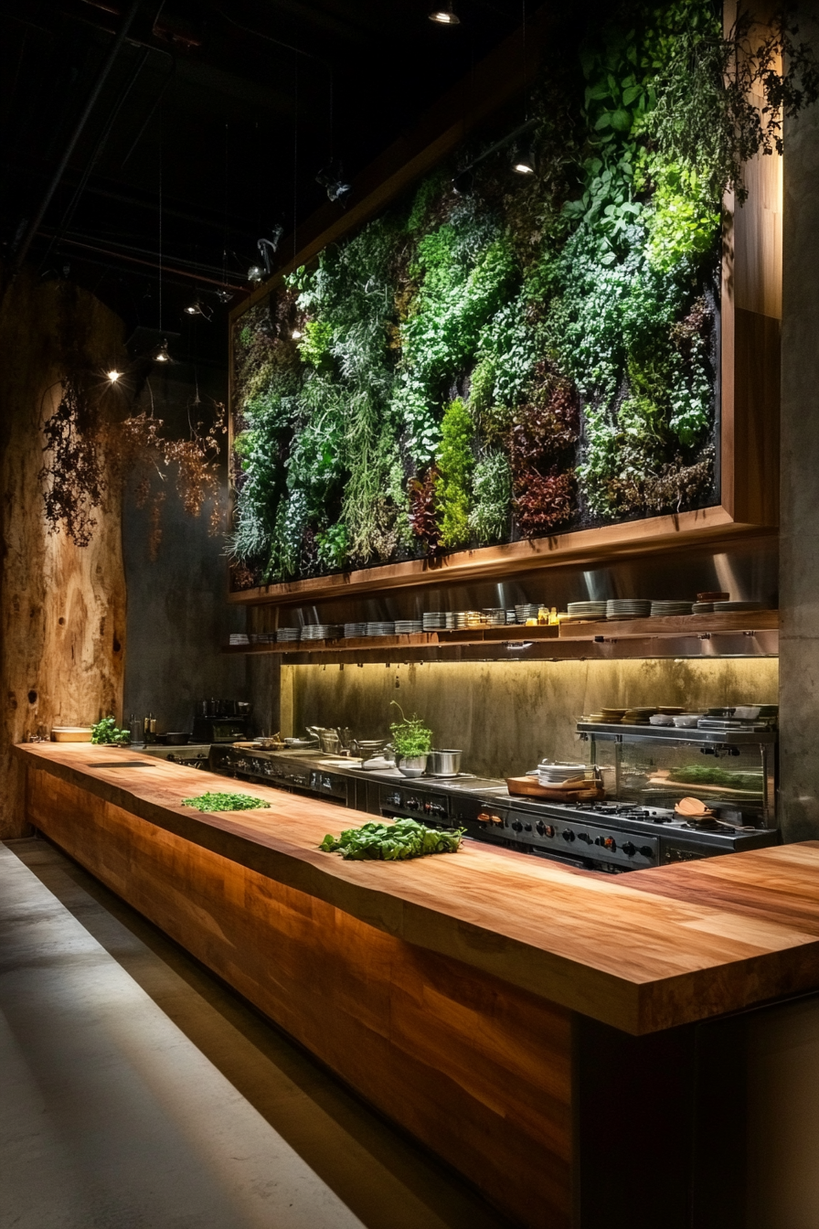 Community Cooking Space. Large wooden counters with ambient lighting, herb wall backgrounds.