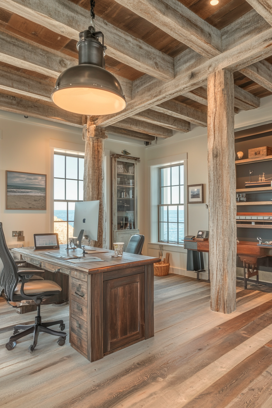 Coastal Analysis Space. Lighthouse converted into a report center with rustic ceiling beams.